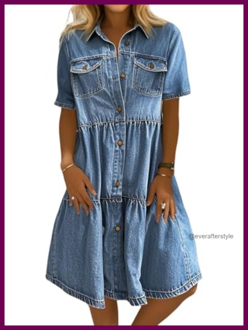 Women's Denim Midi Shirt Dress Button Down Tiered Ruffle A-Line Casual